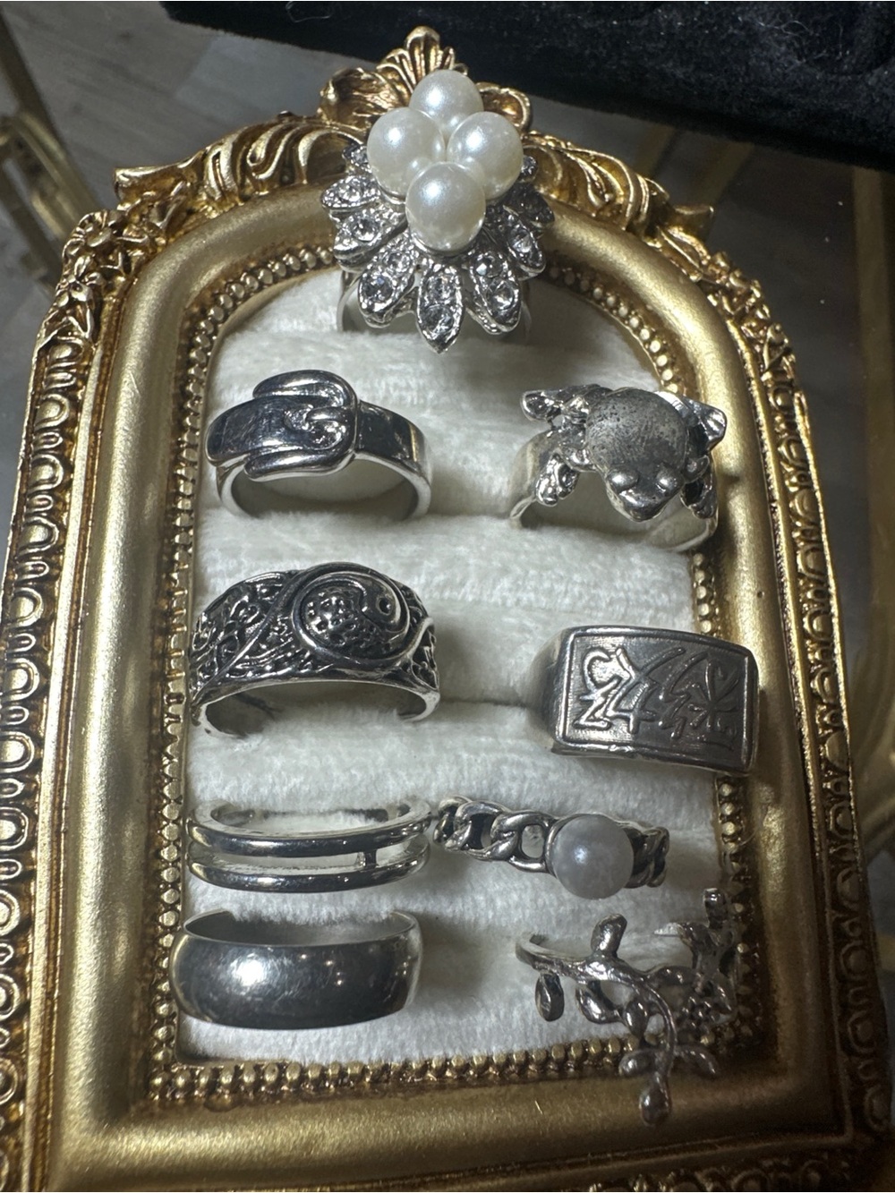 9 vintage Silver tone Multi-Style Women's Ring Set with Pearl Accent